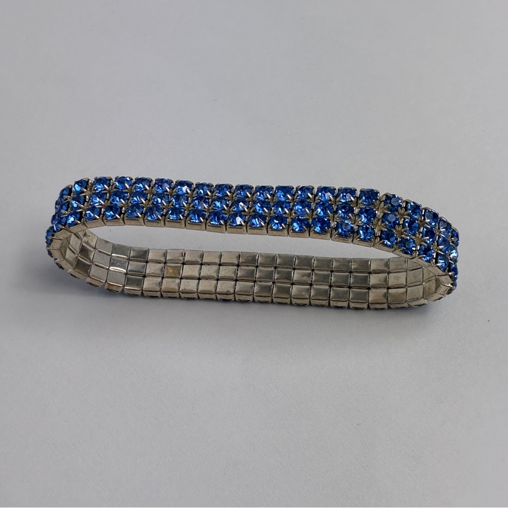 Blue Rhinestone Bracelet Three Row Expansion Band 7 Inch Stretchy - Picture 3 of 10